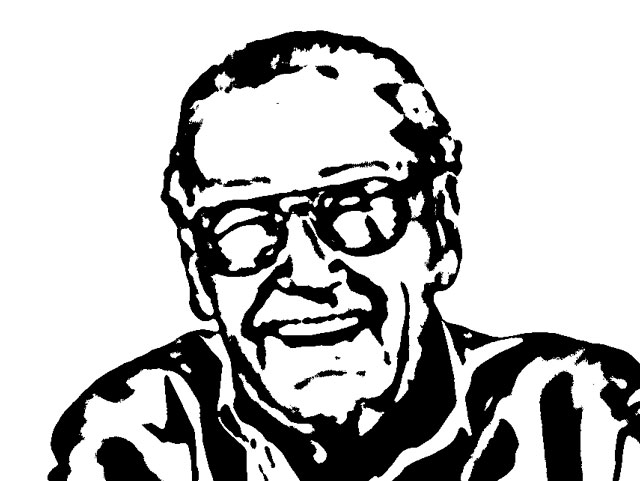 Black and white Photoshop cartoon of Stan Lee