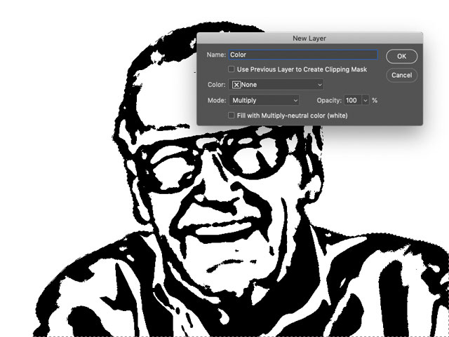 Black and white Photoshop cartoon of Stan Lee with New Layer window