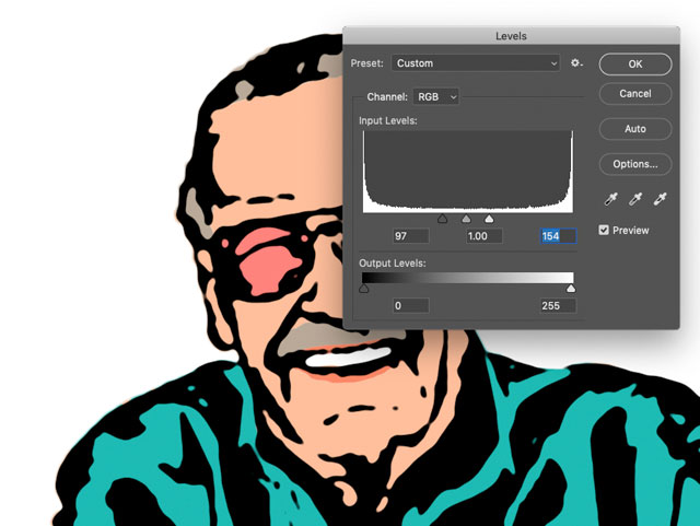 Colored Photoshop cartoon of Stan Lee with Levels window