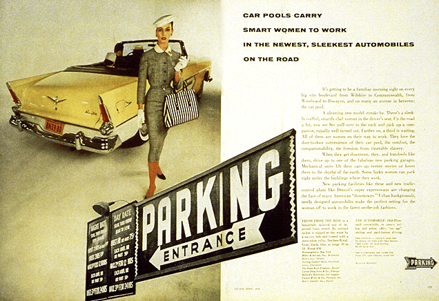 Charm magazine spread showing woman posed in front of a car