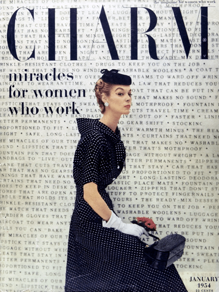 Charm magazine with woman in polka dotted dress posed in front of wall covered in type.