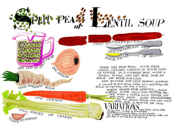 Handlettered recipe for split pea or lentil soup and drawings of ingredients
