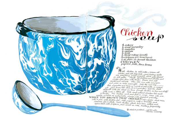 Handlettered recipe for chicken soup and drawing of blue and white tureen and ladle