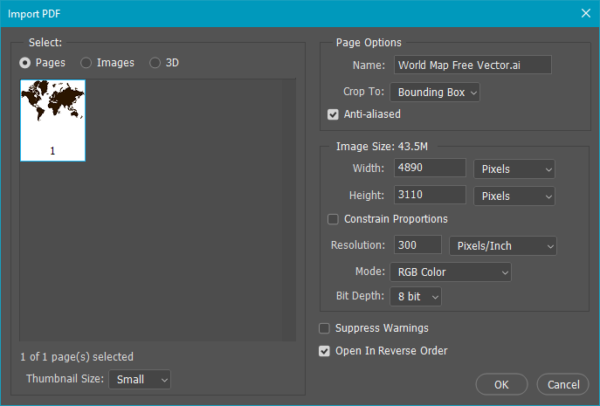Photoshop vector file import dialog