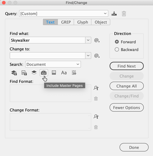 InDesign Find/Change include master page option