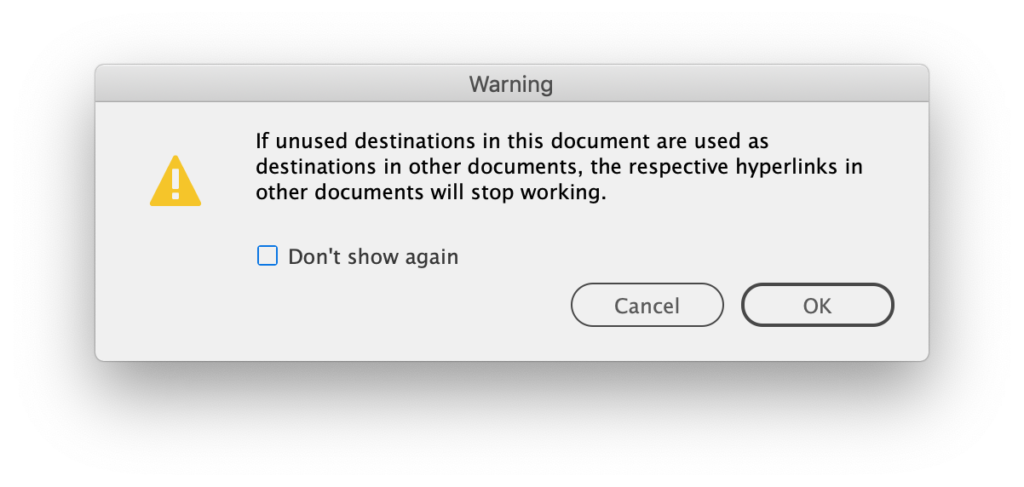 InDesign Hyperlink Shared Destinations warning