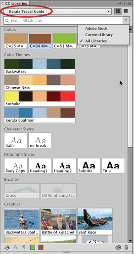 Figure 1: Use the CC Libraries panel controls to add and use assets in a library.