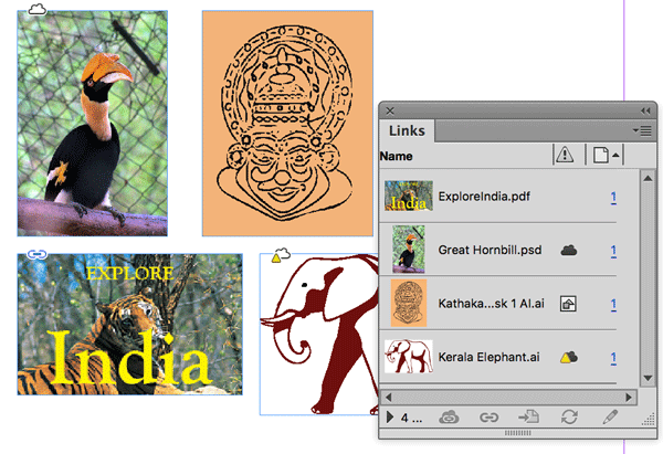 Figure 6: Clockwise from bottom left: a link to a local drive or server, a link to a CC library asset, an embedded image, and an out-of-date link to a CC library asset.