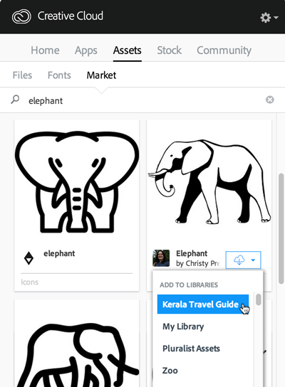 Figure 7: When you search the Creative Cloud Market, you can select royalty-free art, which you can save to a CC library.