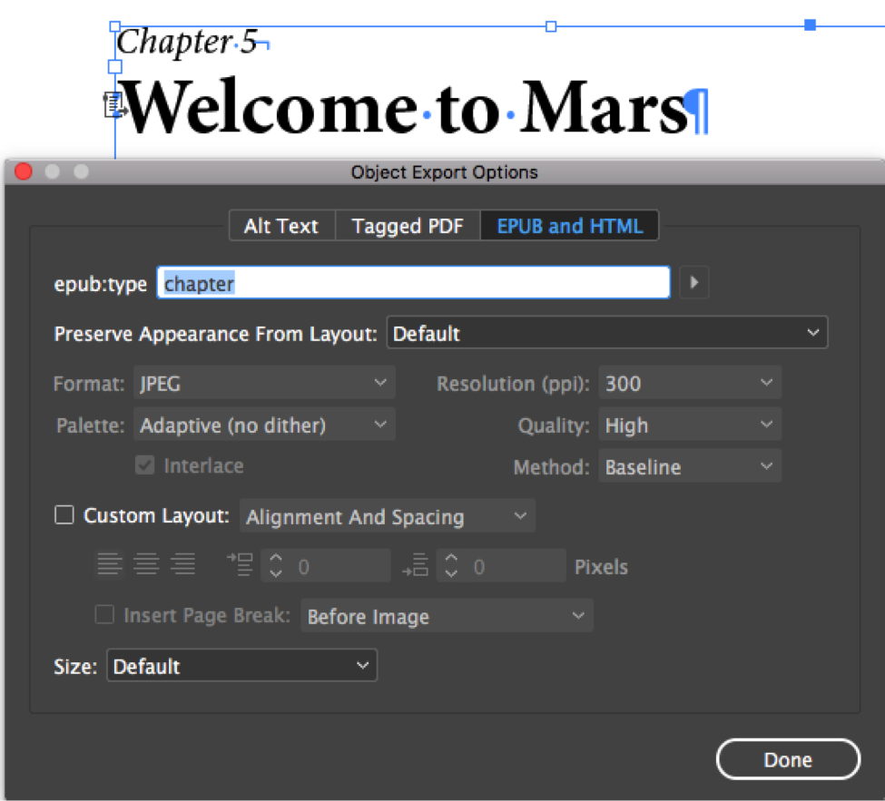 InDesign Object Export Options EPUB and HTML