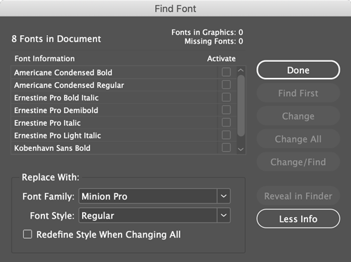 InDesign Find Font menu