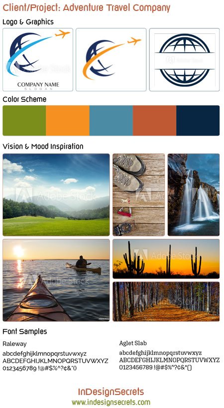 InDesign mood board template logo and graphics color scheme font samples