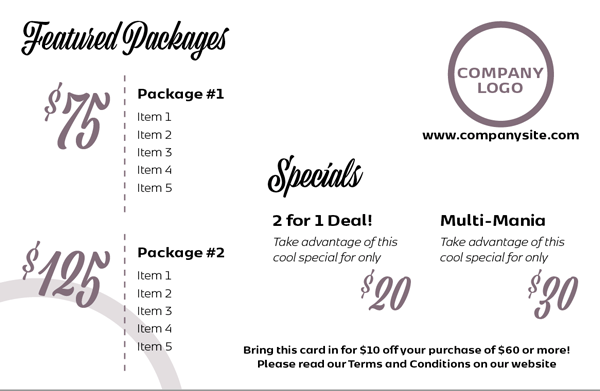 InDesign price list template featured packages