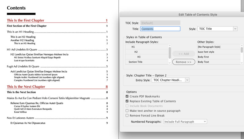 InDesign technical manual template table of contents