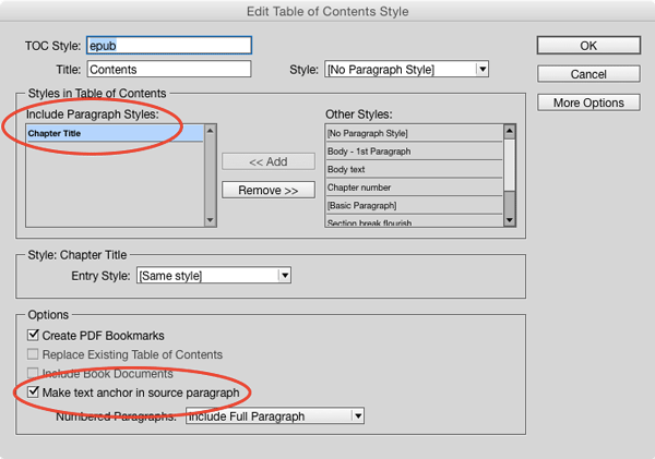 InDesign table of contents menu