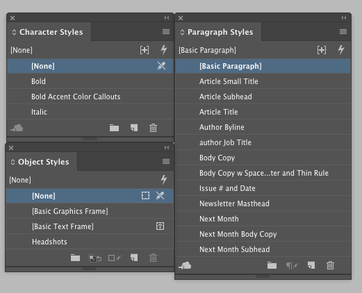 InDesign character styles object styles paragraph styles