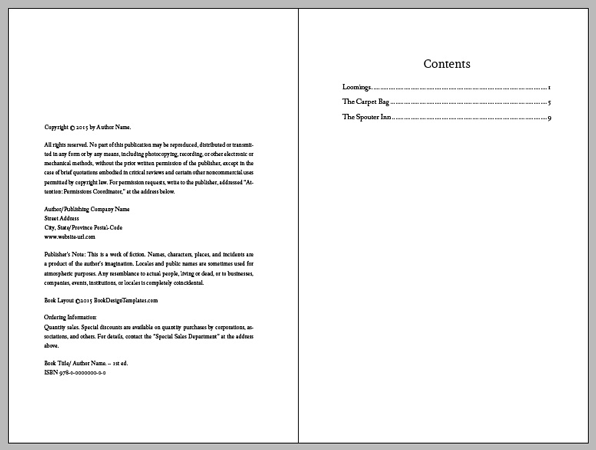 InDesign book design template table of contents copyright page