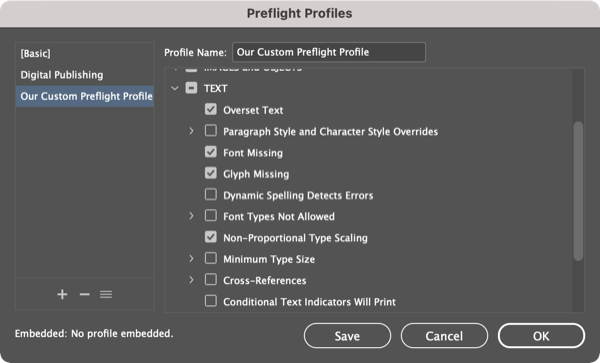 Dialog box with custom preflight options