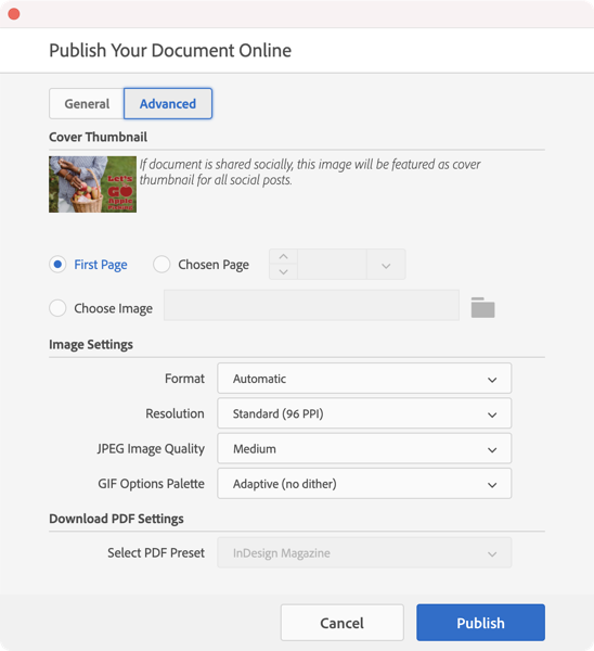 InDesign Publish Online dialog