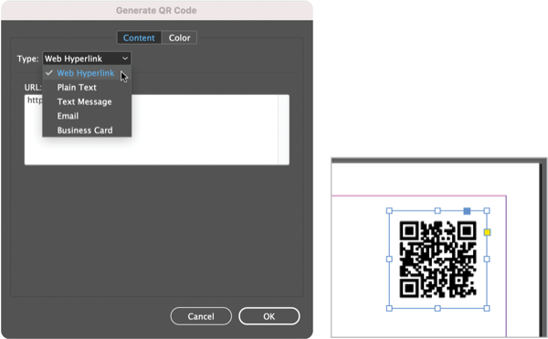 InDesign QR code interface.