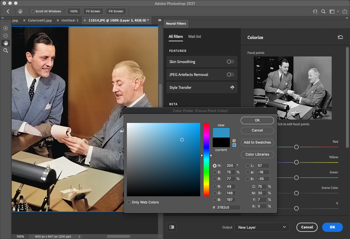Photoshop Neural Filters panel with Color Picker menu