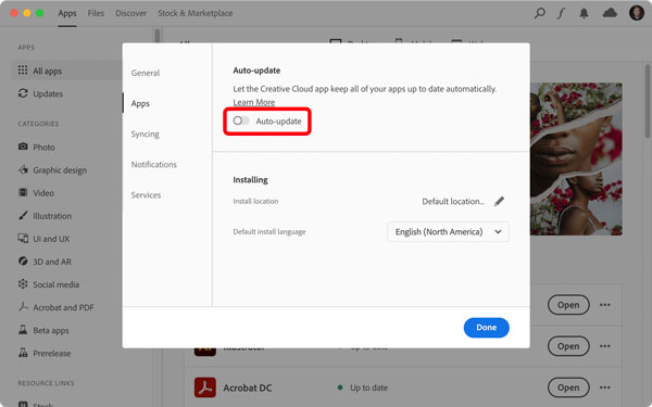 Auto-update disabled in the Adobe Creative Cloud app