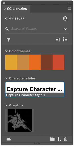 CC libraries panel in Adobe InDesign showing colors, type, and shapes saved in a library