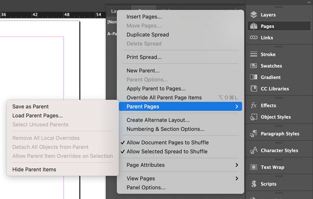 Pages panel menu choices in Adobe InDesign 2022