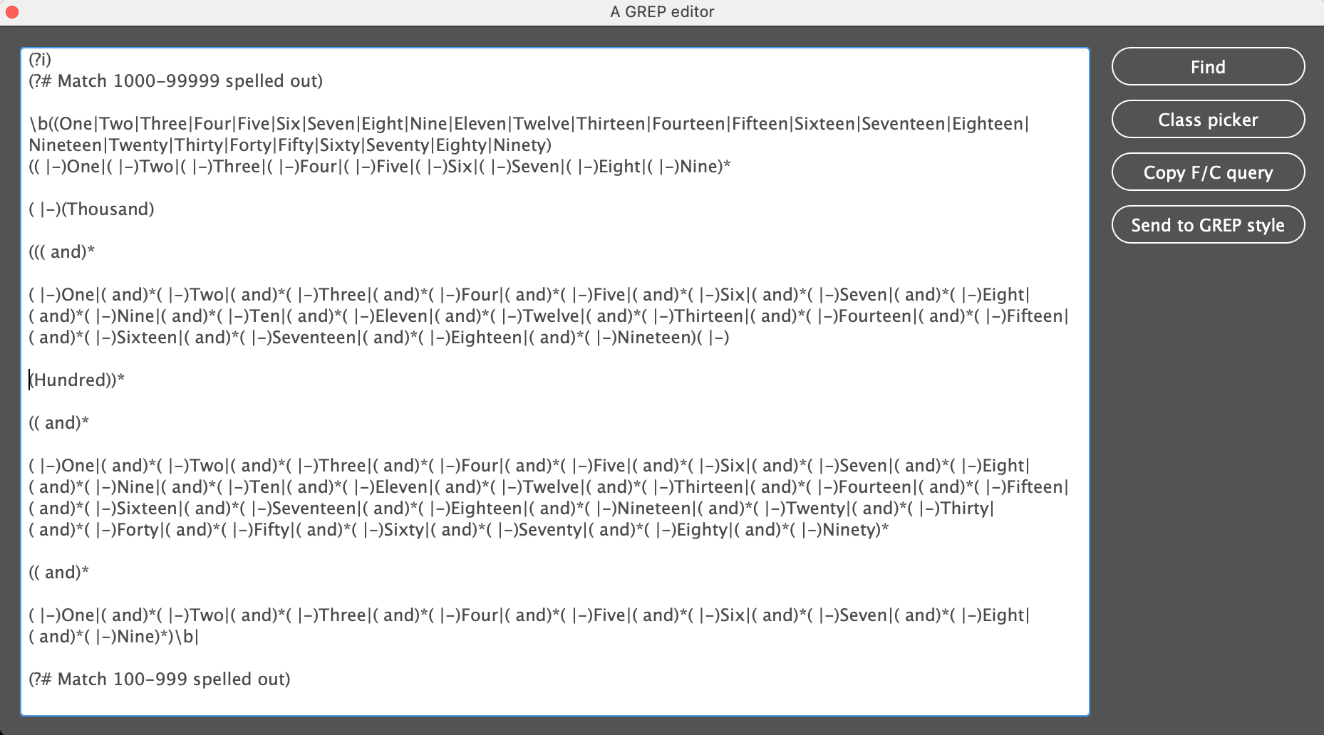 Peter Kahrel's GREP Editor showing the full GREP expression for finding spelled out numbers written in English