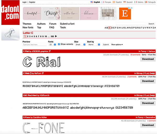 Interface of DaFont.com, showing variety of fonts, mostly for personal use only