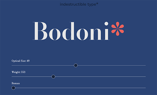 Screen shot showing Indestructible Type*’s Bodoni and control sliders for variable font.