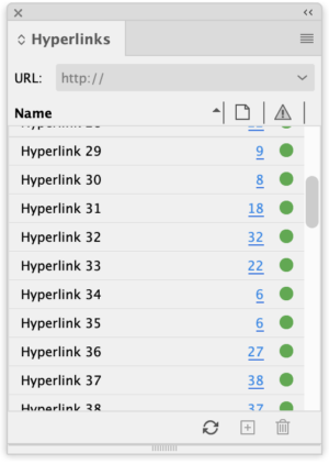 InDesign Hyperlinks panel show approximately 10 hyperlinks, all named "Hyperlink 29," "Hyperlink 30," etc.