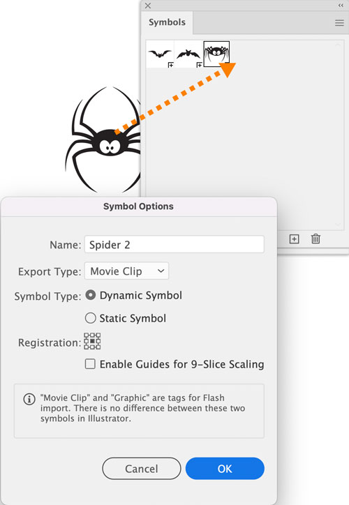 Illustration of how to create a Symbol in Adobe Illustrator by dragging artwork from the artboard to the Symbols panel 