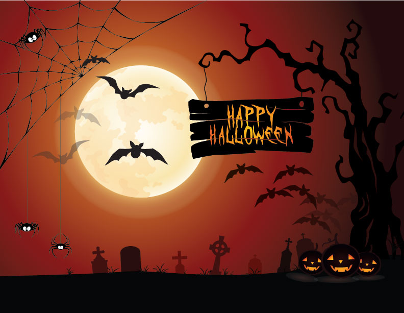 Happy Halloween artwork with spiders, web, full moon, Jack-o-lanterns, and graveyard silhouette made in Adobe Illustrator