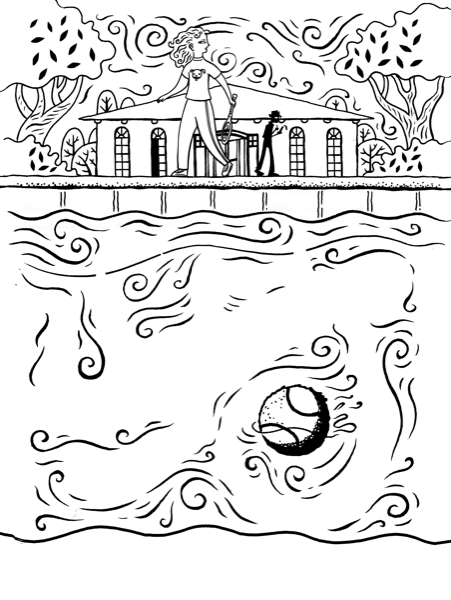 Black and white line art of girl with tennis racket and tennis ball in water