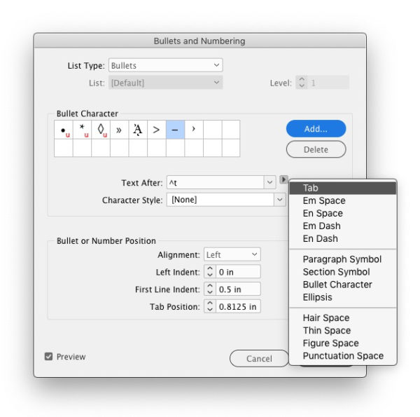 Bullets and Numbering dialog showing special characters menu to insert into Text After field