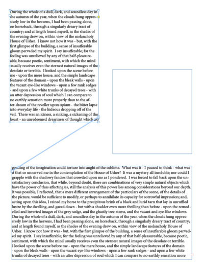 Chain of text ("Fall of the House of Usher") linked from one frame to another, with text threads visible. Blank text frame sitting there.