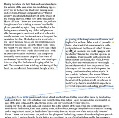 Text of "Fall of the House of Usher" flows through three text frames 