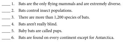 Numbered list of attributes of bats, with short lines to left of numbers.