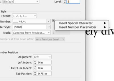 Lists dialog shows Style/Number field with "___^#.^t" and menu with "Insert Special Character" and "Insert Number Placeholder"