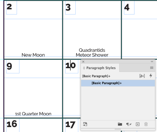 Calendar grid with Paragraph Styles panel showing [Basic Paragraph]+