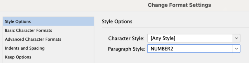 Change Format Settings dialog shows Style Options: Character Style [Any Style], Paragraph Style: NUMBER2