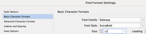 Find format settings with Basic Character Formats set to Raleway ExtraBold 16 point.