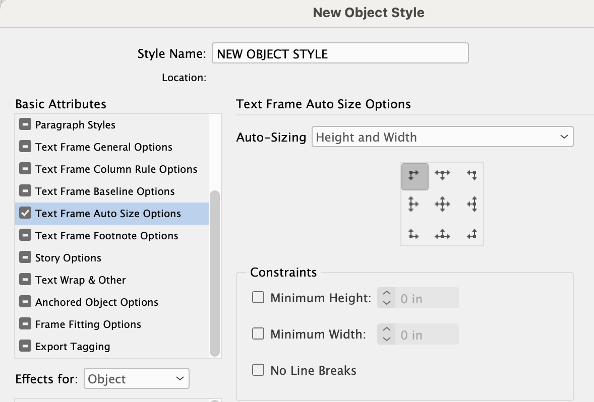 New object style with all attributes disabled except Text Frame Auto Size Options with auto sizing set for height and width and proxy set for top left