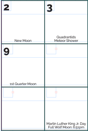 Calendar grid with larger numbers with three text frames in overset