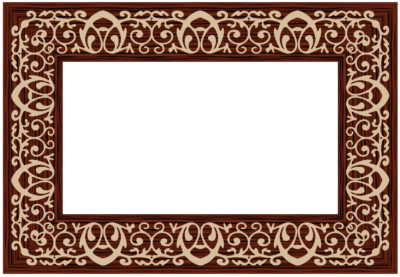 An ornate red-brown border with tan Art Deco-style design elements.
