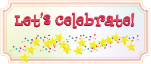 A box with "Let's Celebrate!" in decorative font with confetti and star design, bordered by pink three-rule border with inverse rounded corners.
