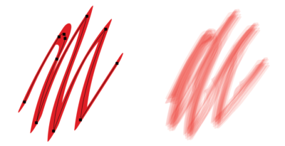 Two random lines: left, a hard line, and right, the same path as a soft line with striations