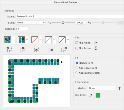 Pattern Brush Options dialog box show options for Fit set to Stretch to Fit.