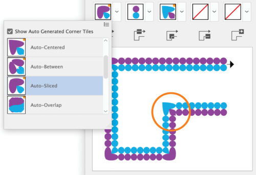 Pop up menu shows auto-generated corner tiles: Auto-centered, auto-between, auto-sliced, auto-overlap.